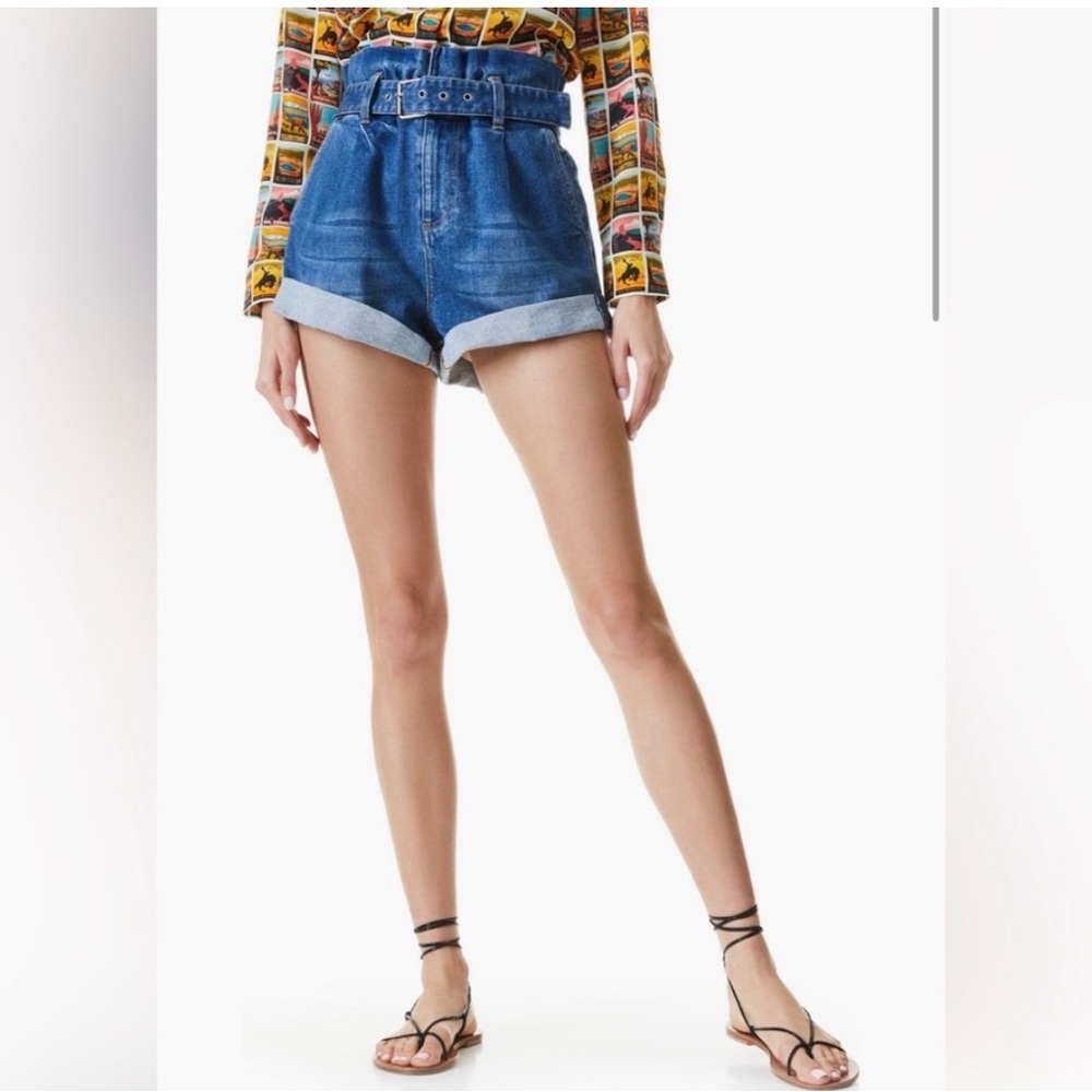 Alice + Olivia Rolled Hem High-Waist Belted Blue Denim Shorts